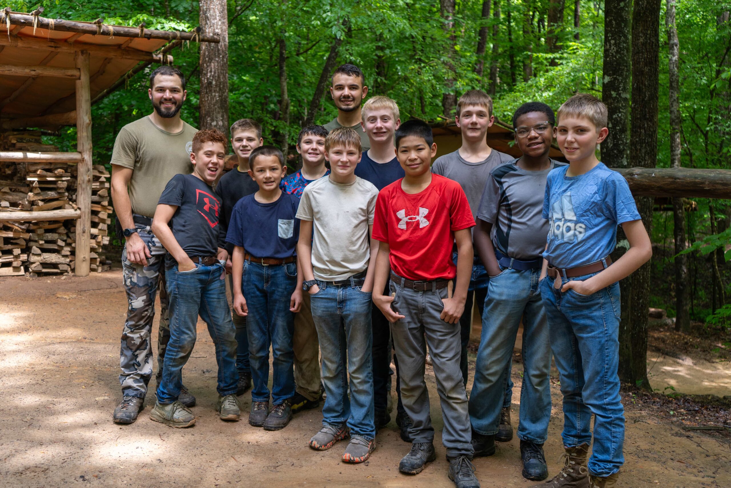 Fair Play Camp boys and staff together in the South Carolina woods